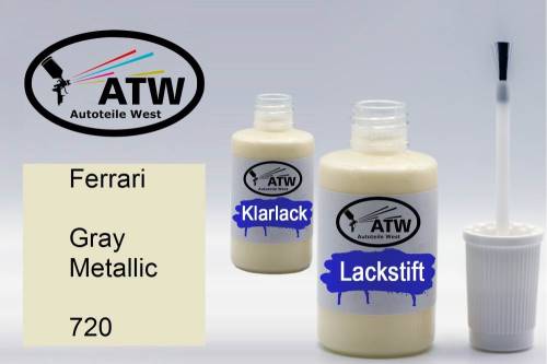 Ferrari, Gray Metallic, 720: 20ml Lackstift + 20ml Klarlack - Set, von ATW Autoteile West.